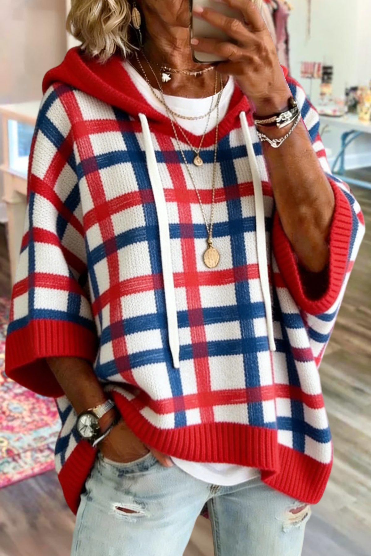 Women's sweater | USA Plaid Print Hooded Sweater |website-mywesternoutfit