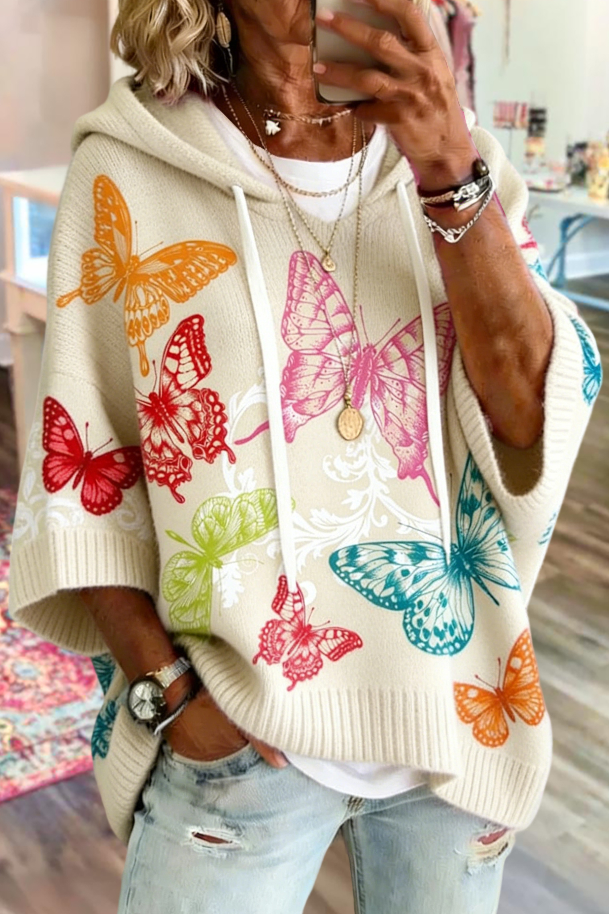 Butterfly Print Hooded Sweater