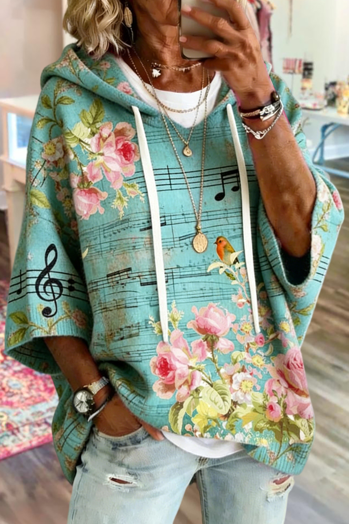 Women's sweater | Fresh Floral Musical Note Print Hooded Sweater |website-mywesternoutfit
