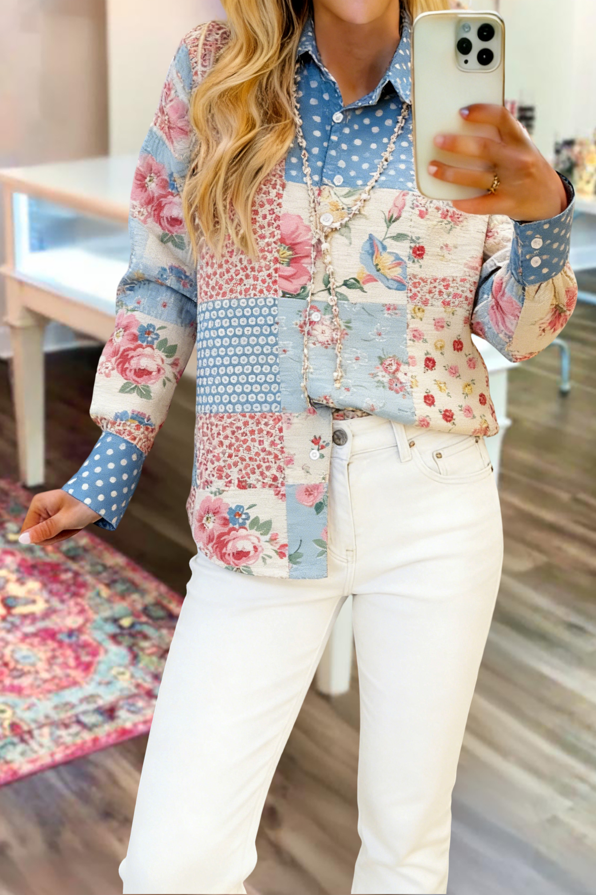 Fresh Floral Polka Dot Print Long Sleeve Shirt