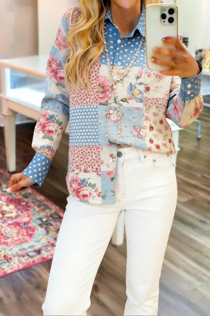 Fresh Floral Polka Dot Print Long Sleeve Shirt