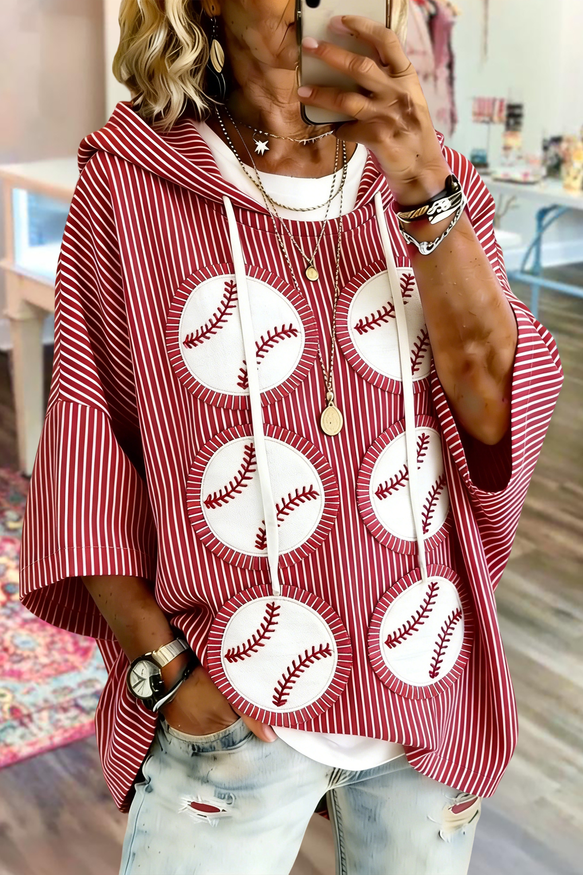Casual Baseball Game Day Striped Hoodie