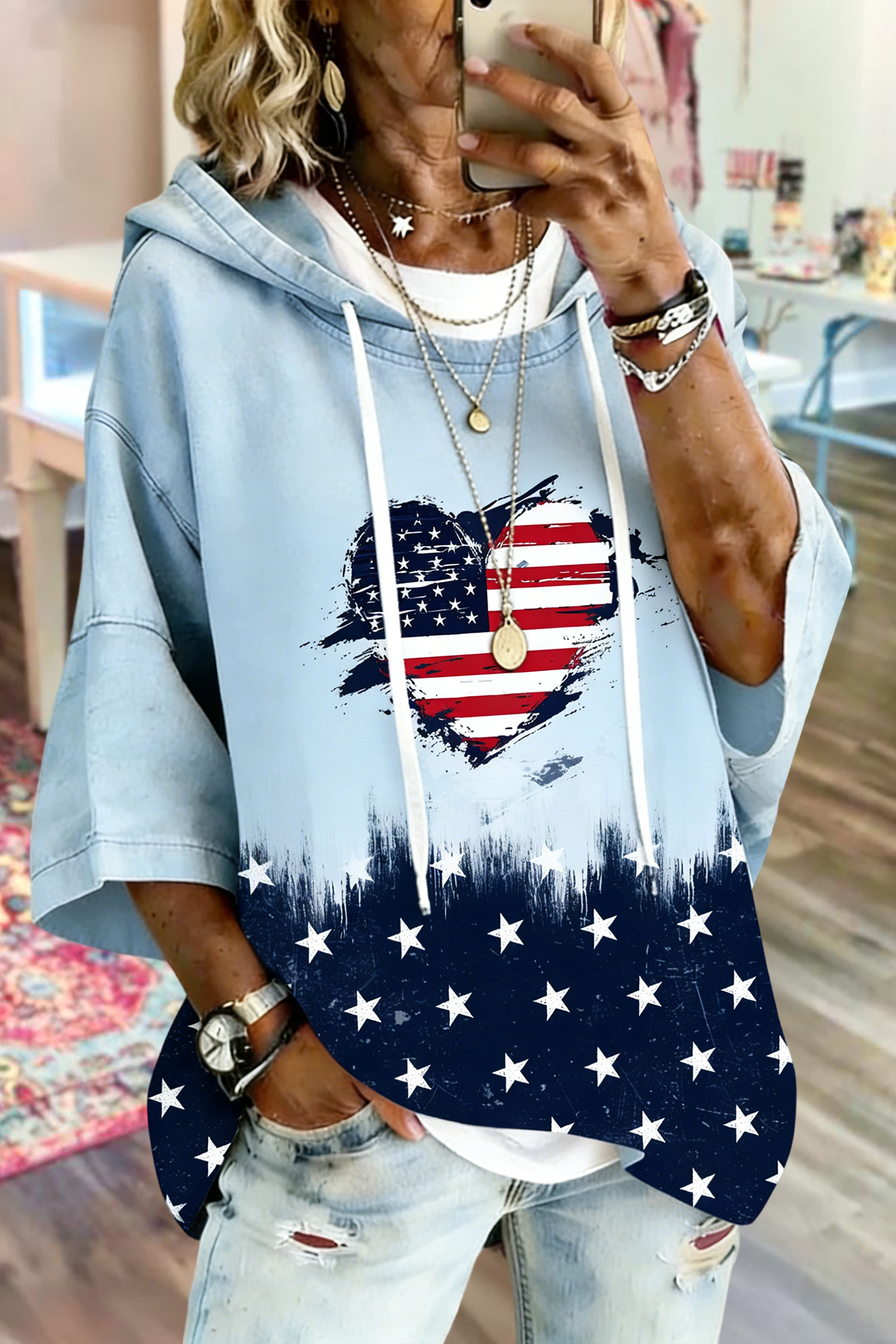 USA Love Star Print Hoodie