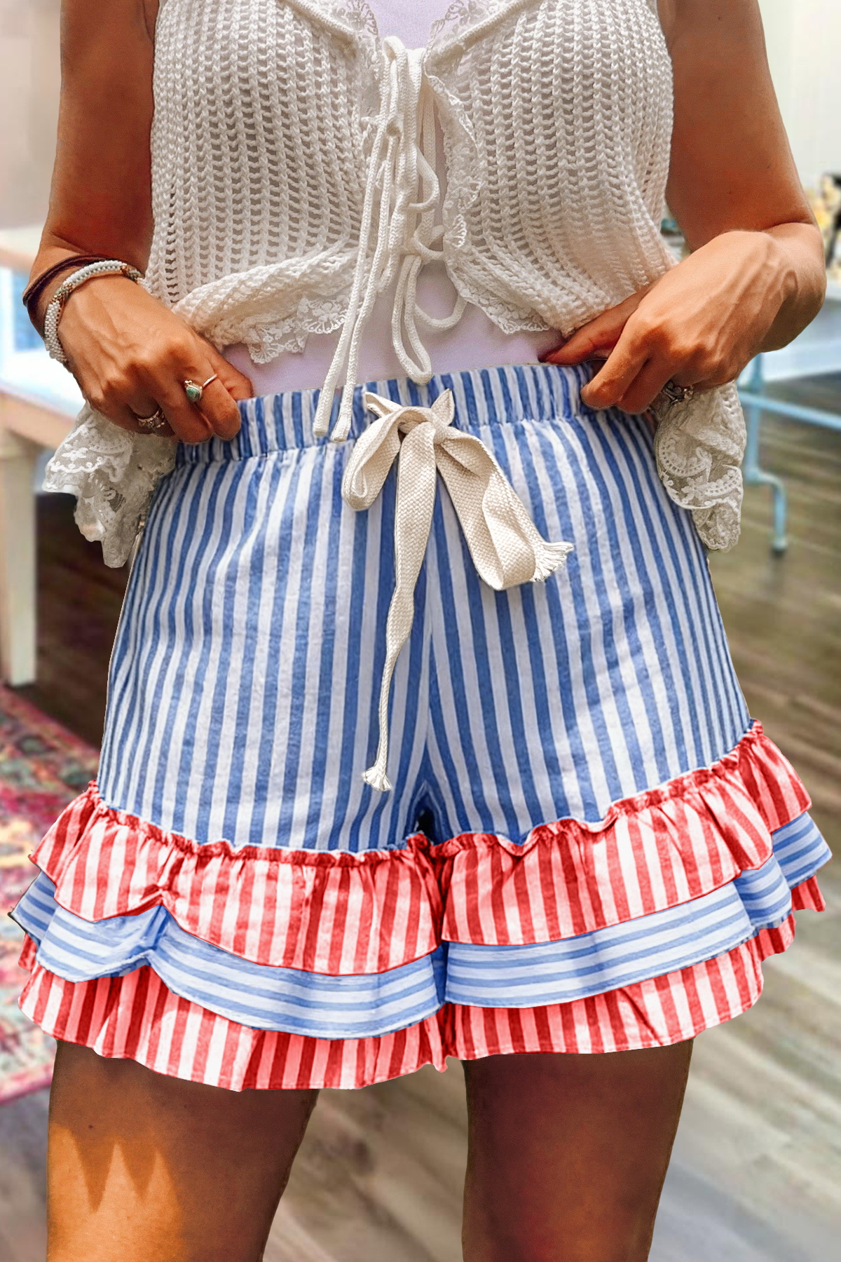 Classic USA Stripe Print Multi-Layer Ruffle Shorts