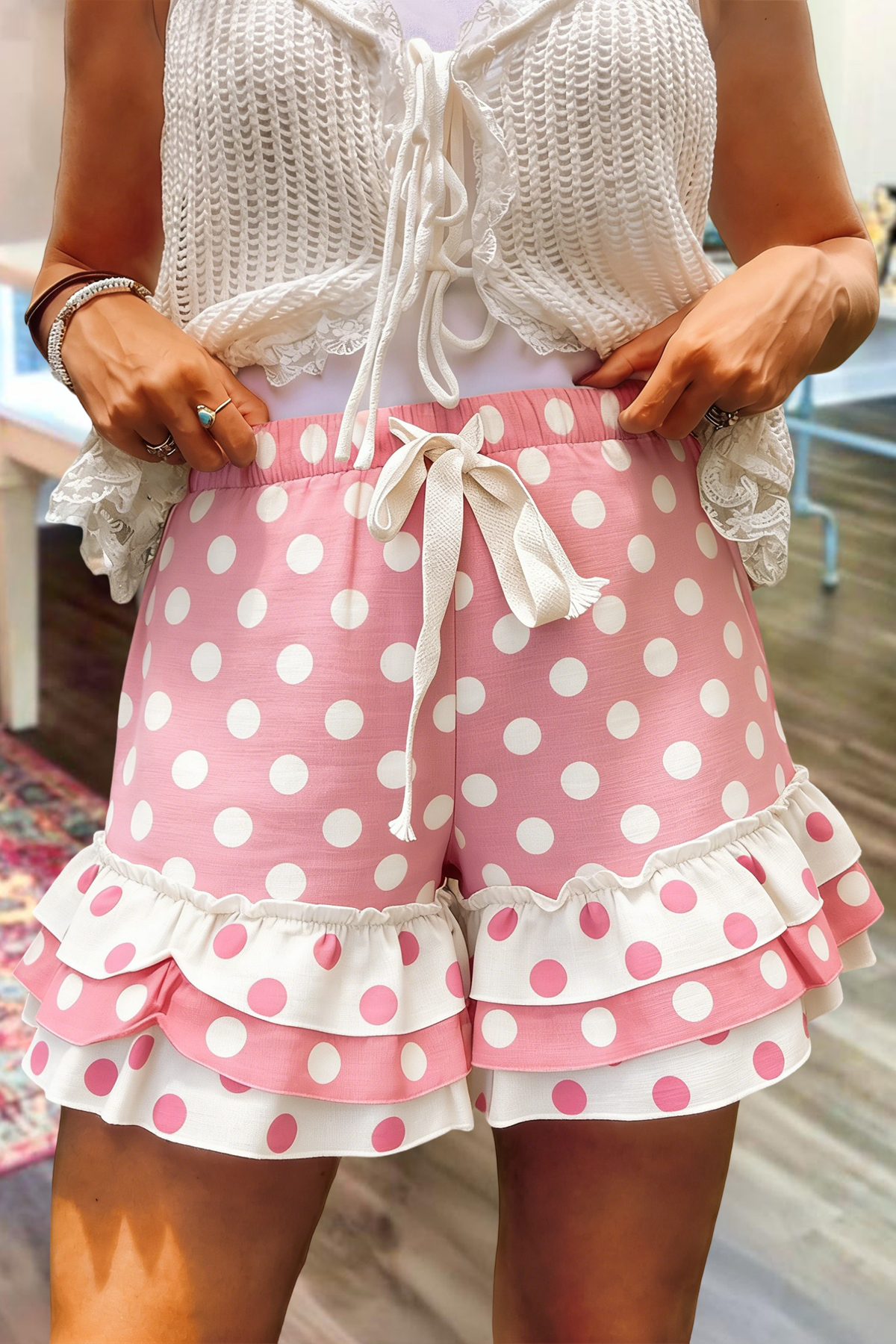 Sweet Polka Dot Print Multi-Layer Ruffle Shorts
