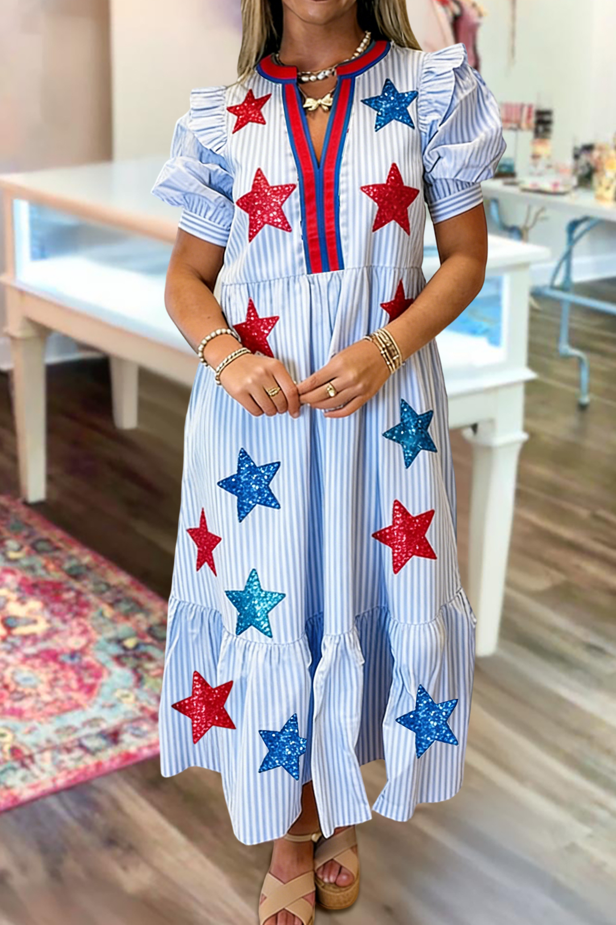USA Stripe Star V-Neck Maxi Dress