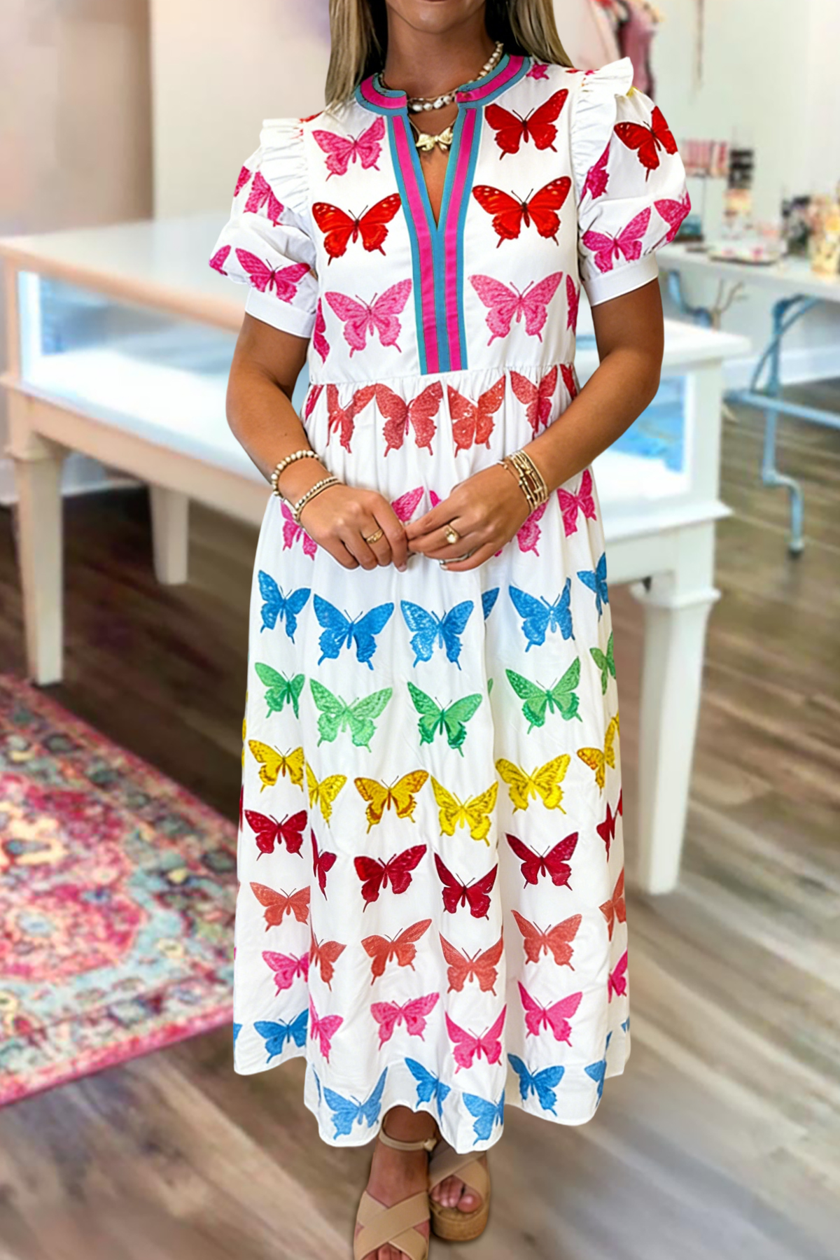 Colorful Butterfly Print V-Neck Maxi Dress