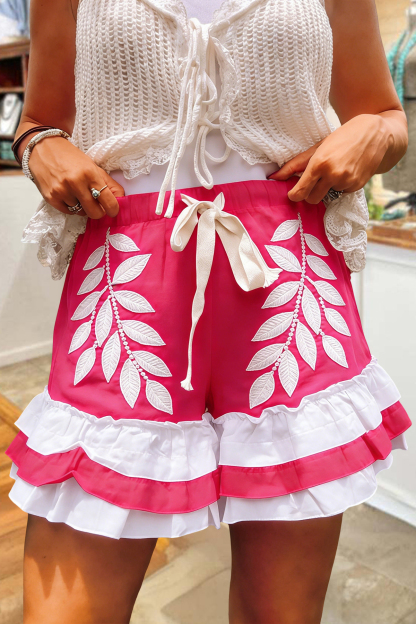 Leaf Print Multi-Layer Ruffle Shorts