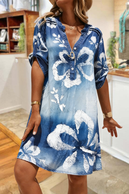 Casual Floral Gradient Print V-Neck Mini Dress