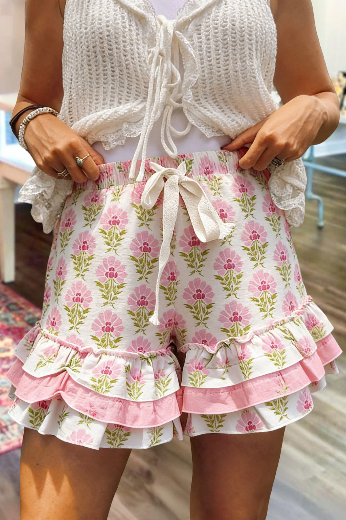 Women's shorts | Fresh Floral Print Multi-Layer Ruffle Shorts |website-mywesternoutfit