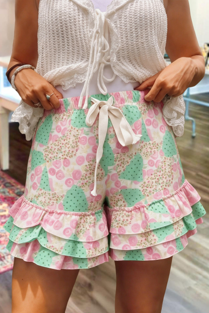 Fresh Floral Stripe Print Multi-Layer Ruffle Shorts