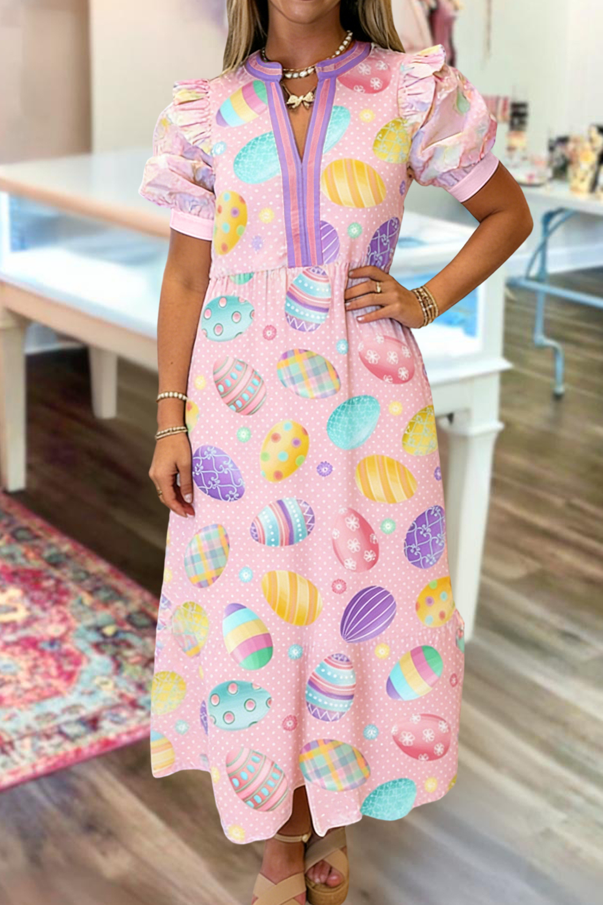 Easter Eggs Print V-Neck Maxi Dress
