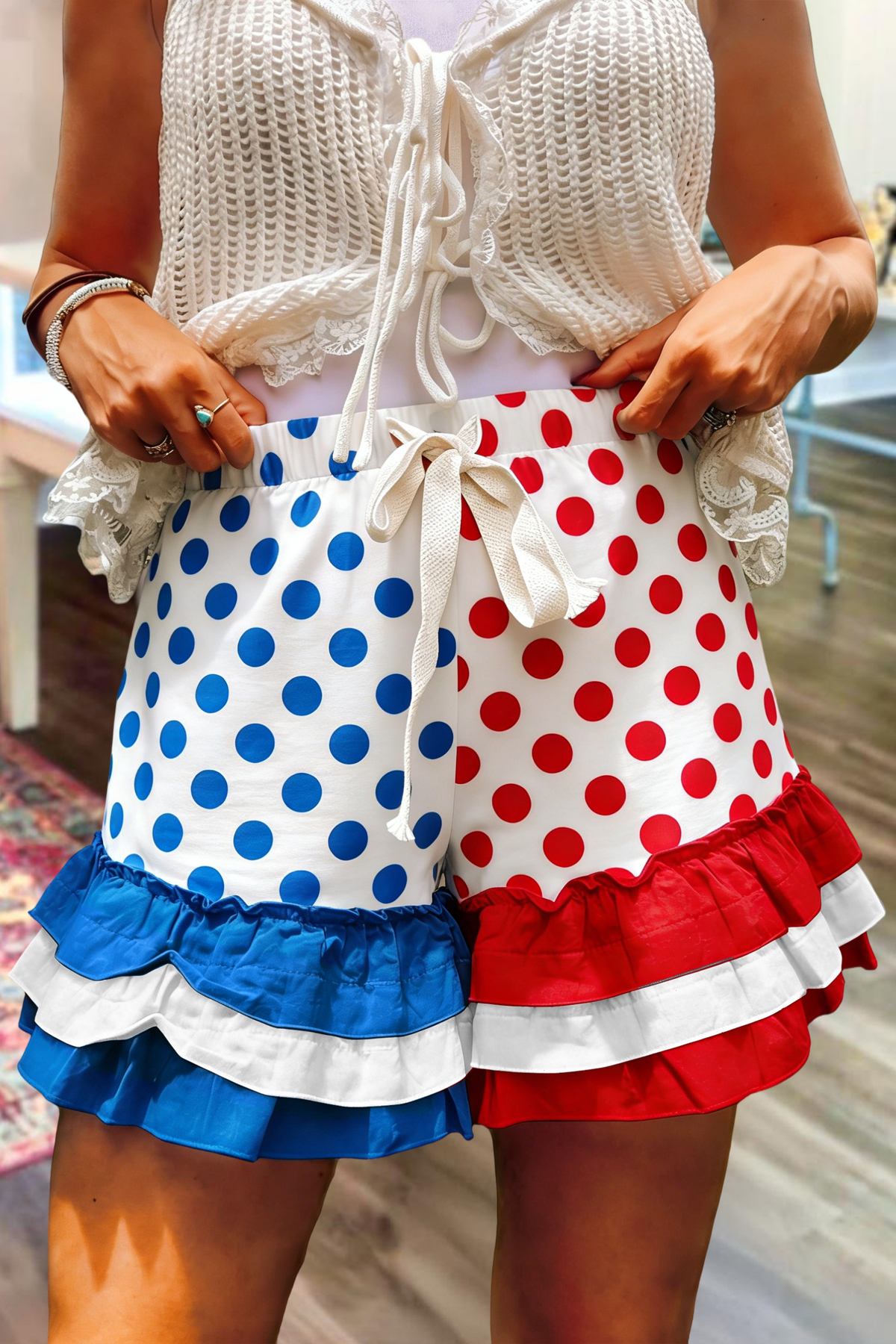 USA Polka Dot Color Block Multi-Layer Ruffle Shorts