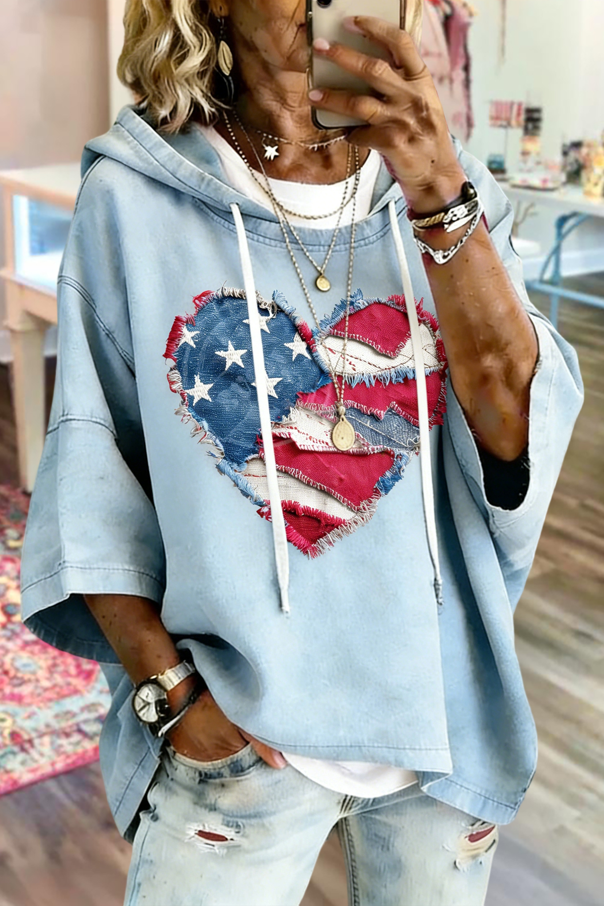 USA Star Stripes Heart Print Hoodie