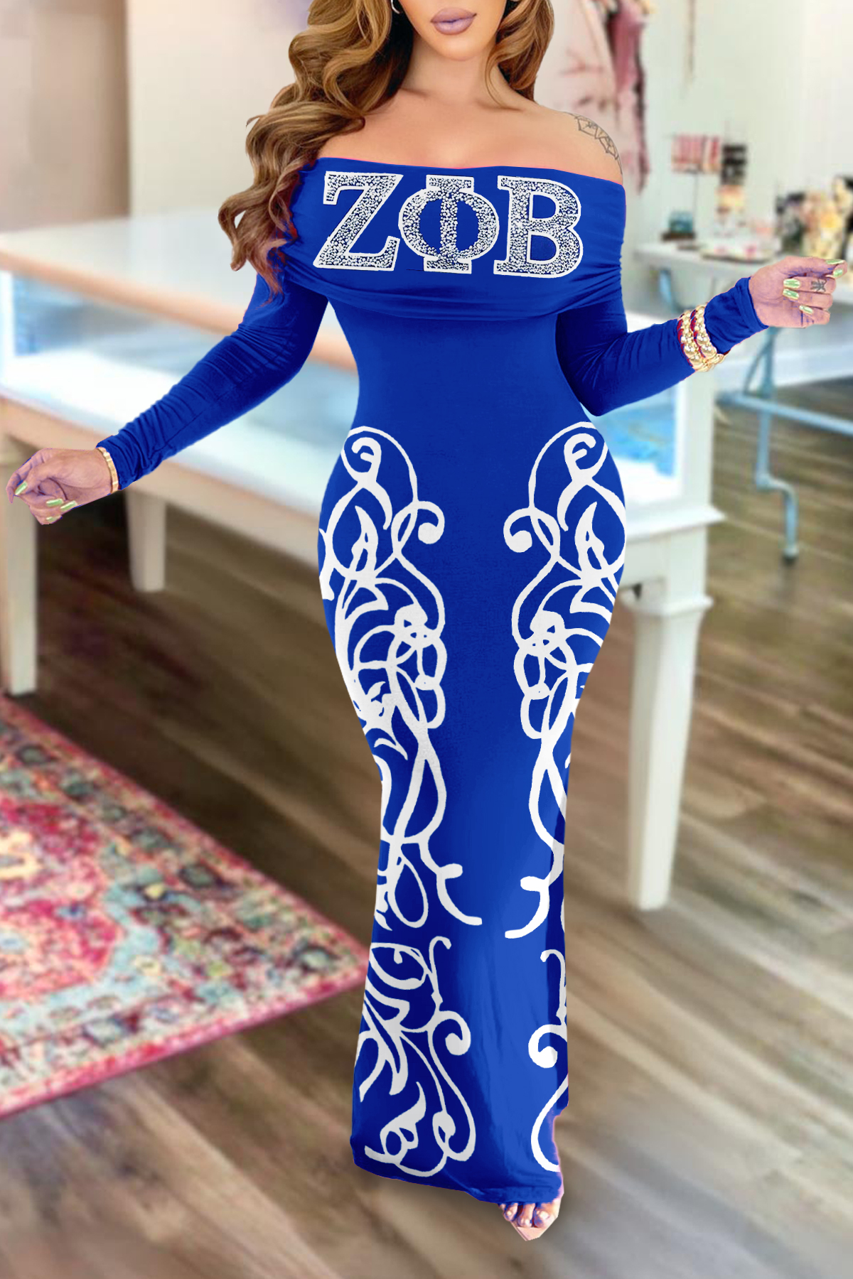 Zeta Phi Beta Sorority Print Off-the-shoulder Dress