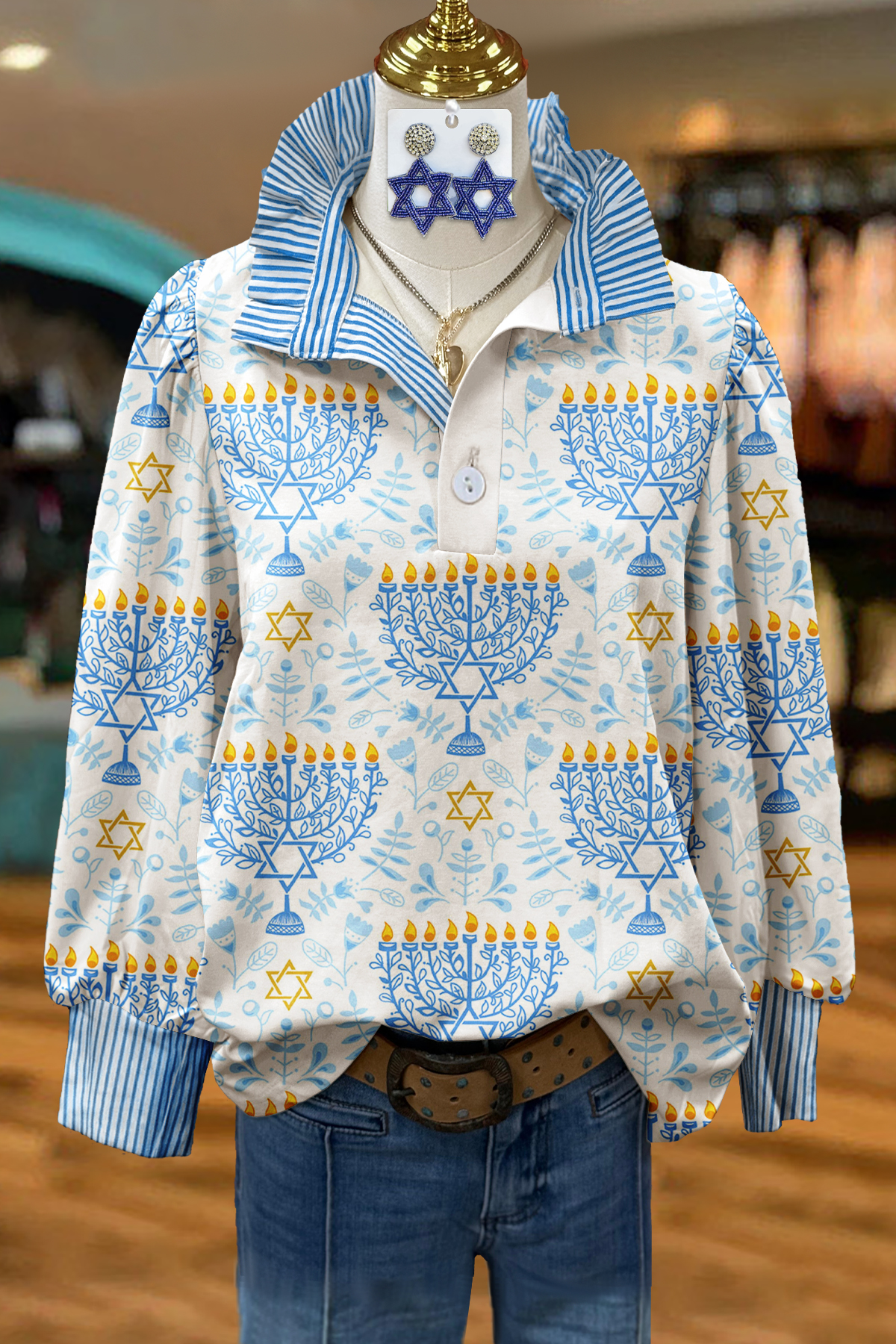Classic Hanukkah Striped Stand Collar Blouse