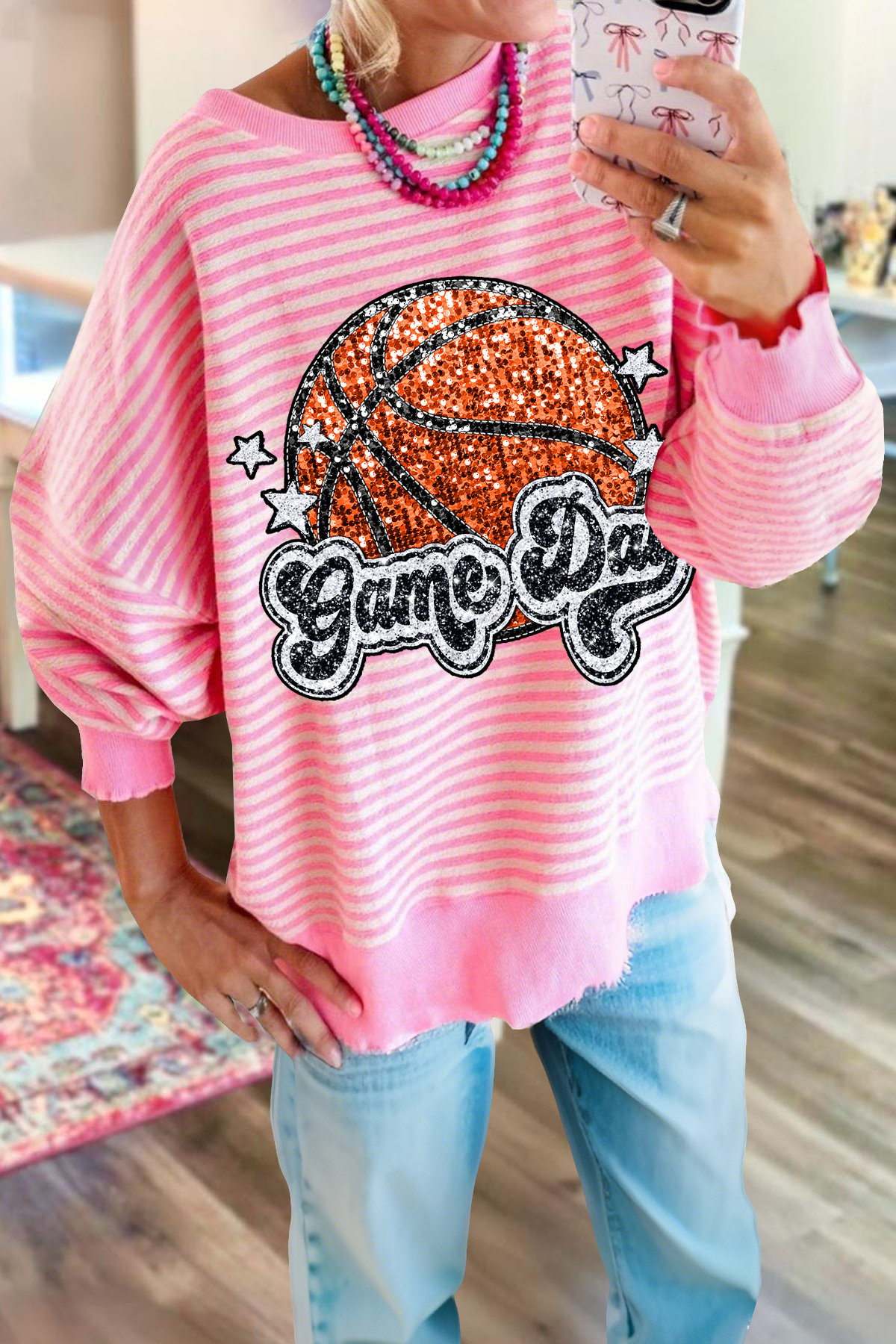 Basketball Game Day Striped Sweatshirt