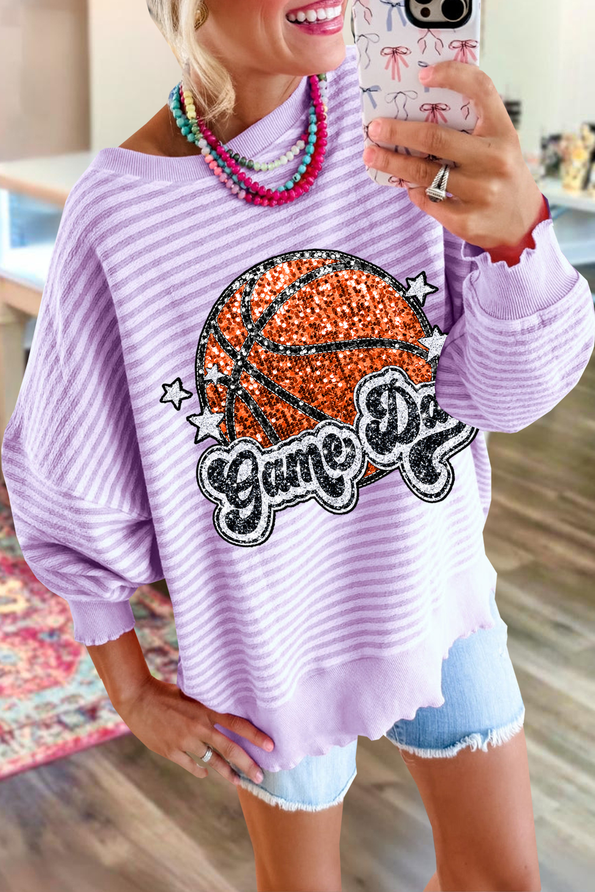 Basketball Game Day Striped Sweatshirt