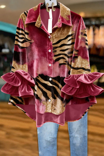 Classic Zebra-print Ruffled Velvet Blouse