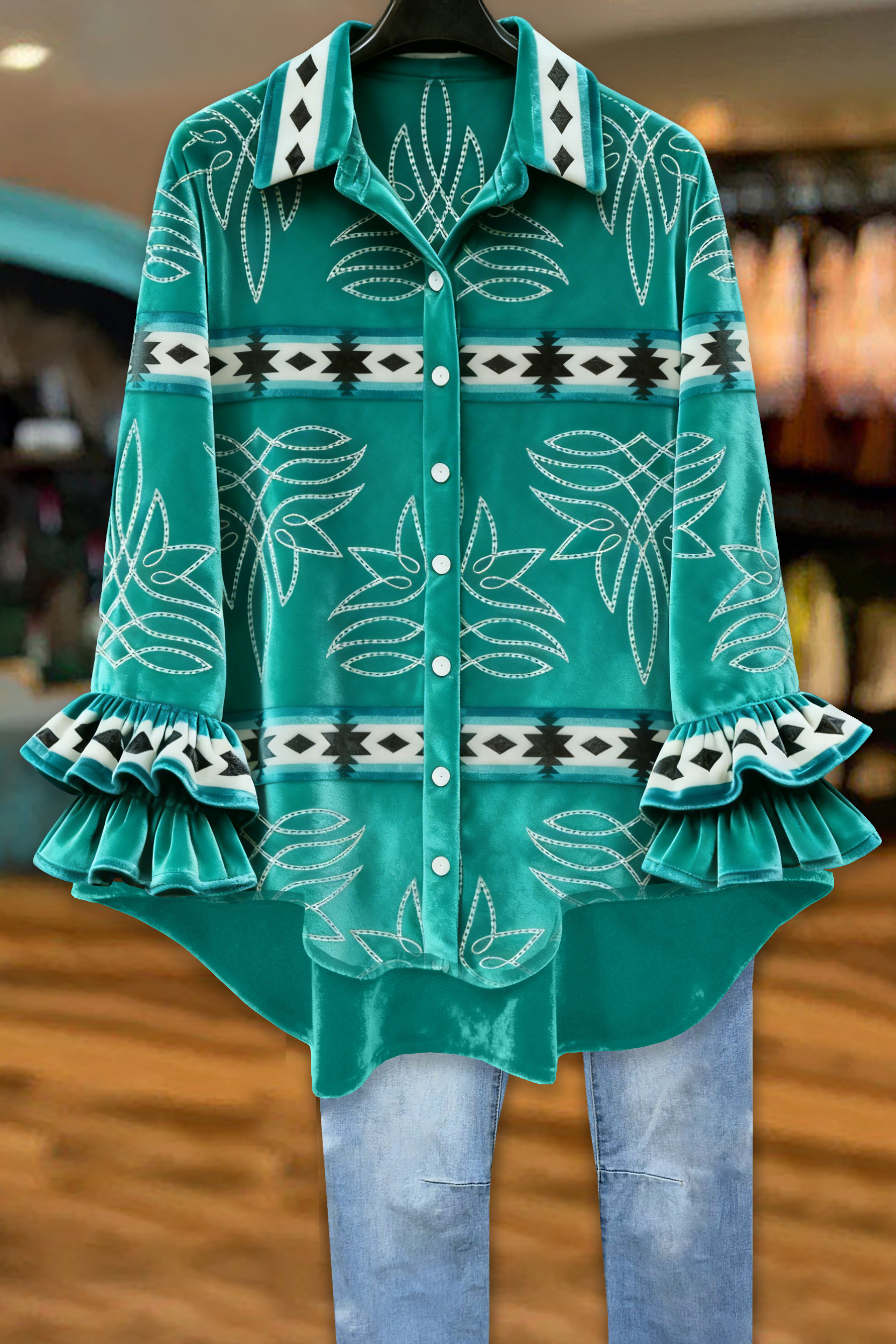 Western Boot Stitch Aztec Ruffled Velvet Blouse
