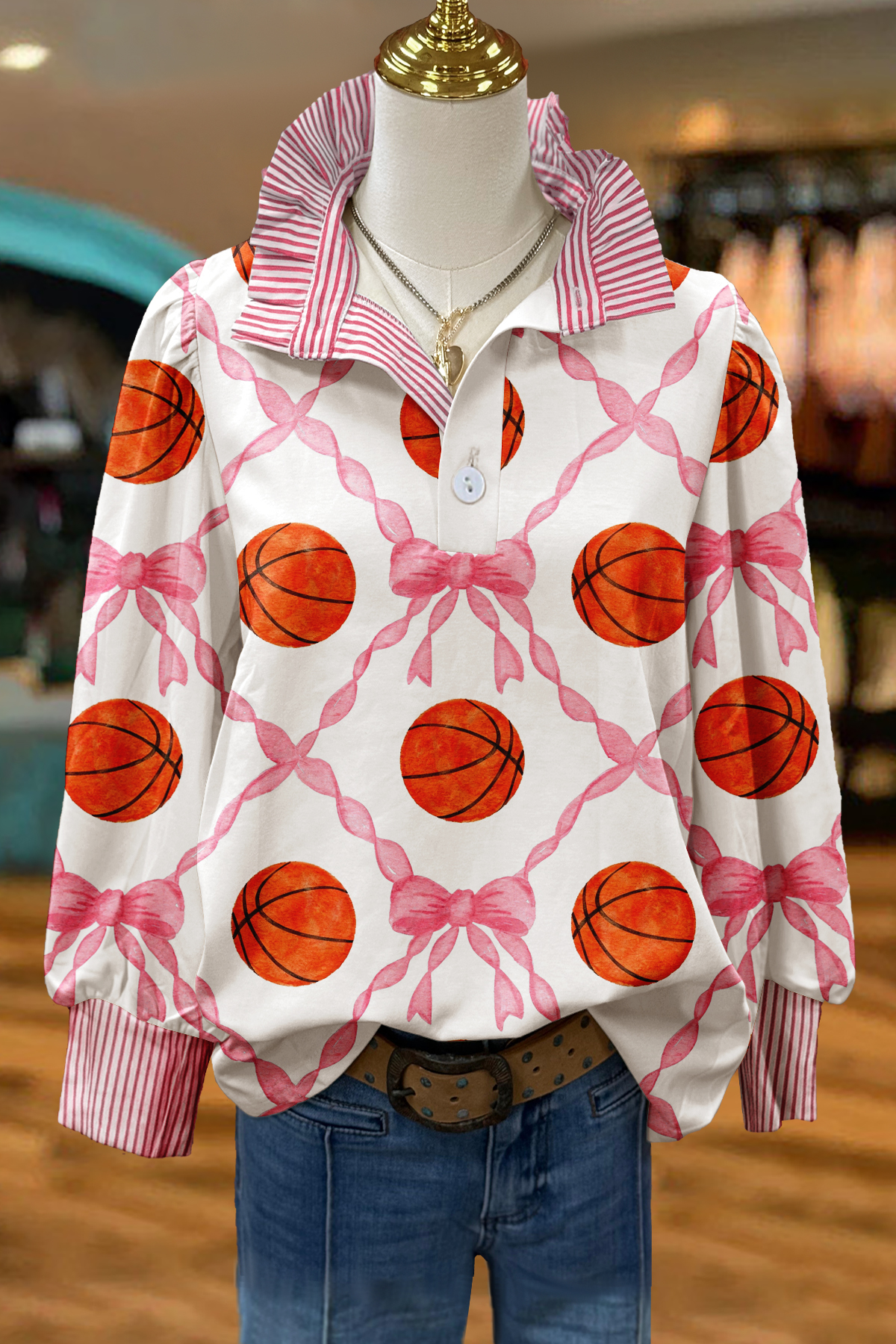 Basketball Game Day Bow Stand Collar Blouse