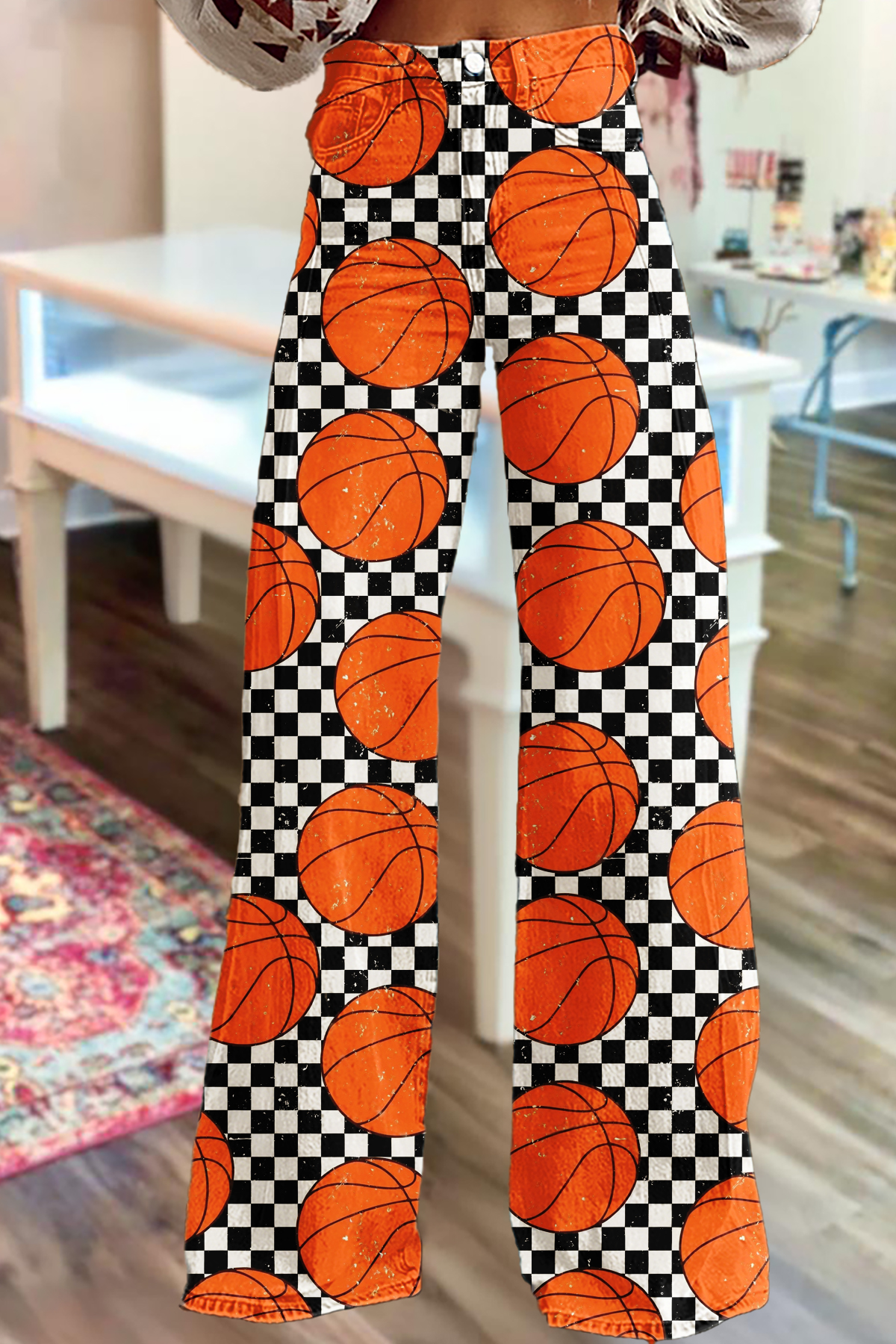 Basketball Game Day Checkered Wide-Leg Pants