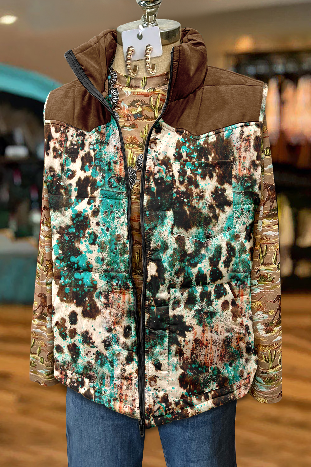 Western Cow Print Pocket Vest