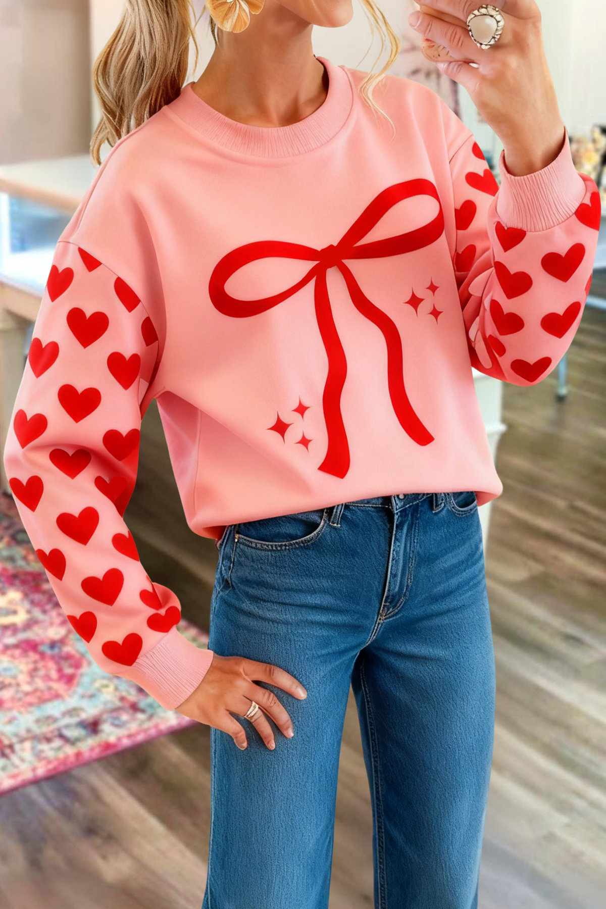 Valentine's Day Bow Heart Print Sweatshirt