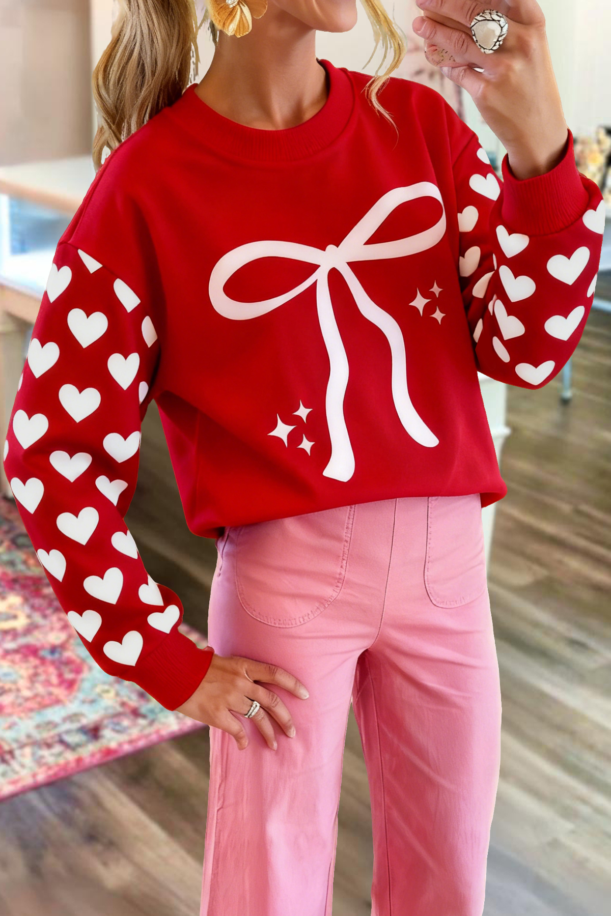 Valentine's Day Bow Heart Print Sweatshirt