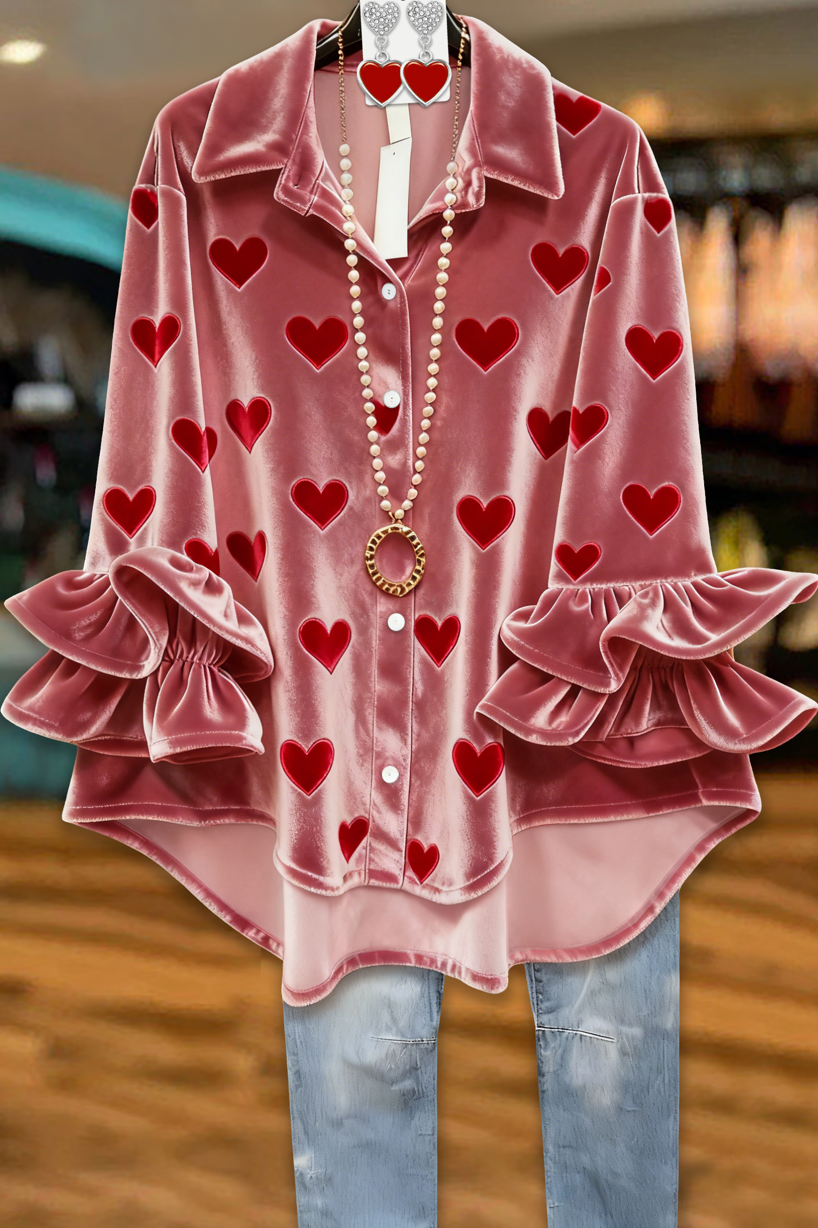 Valentine's Day Heart Ruffled Velvet Blouse