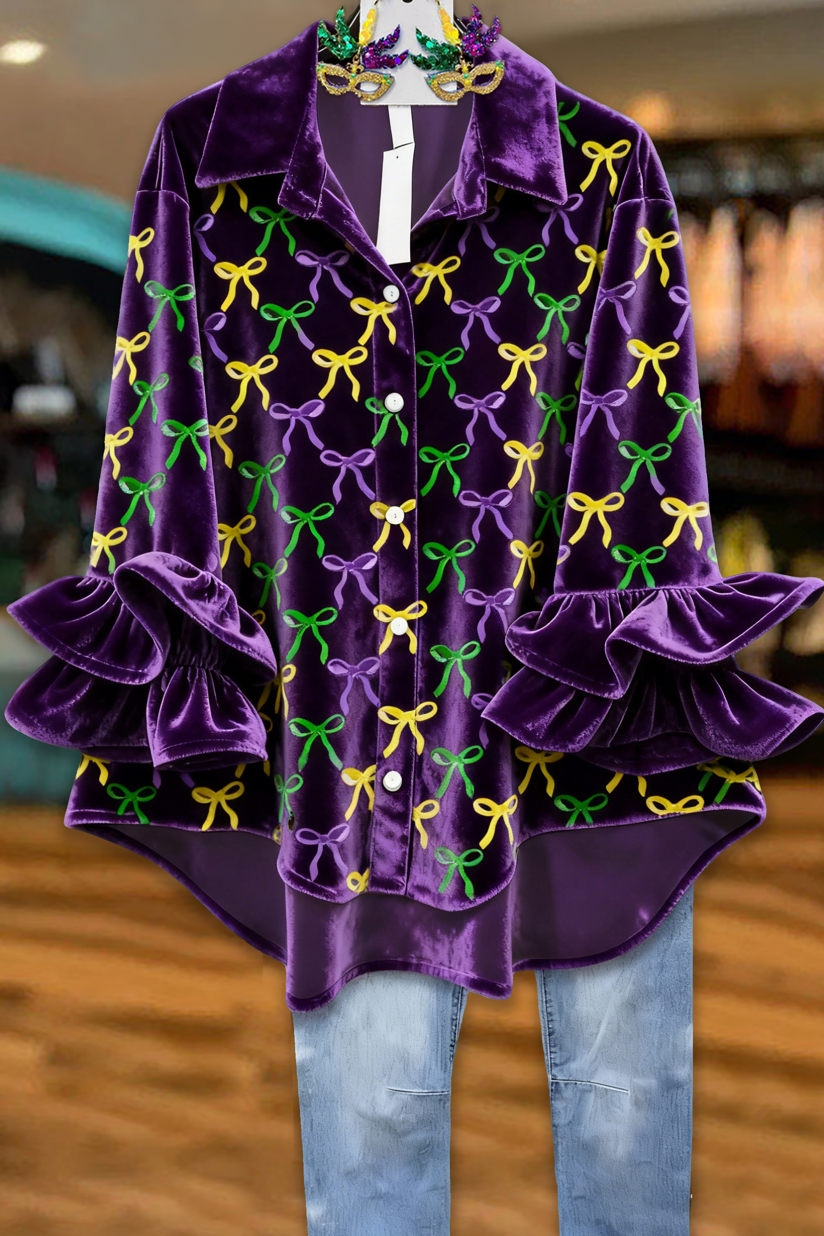 Mardi Gras Bow Ruffled Velvet Blouse