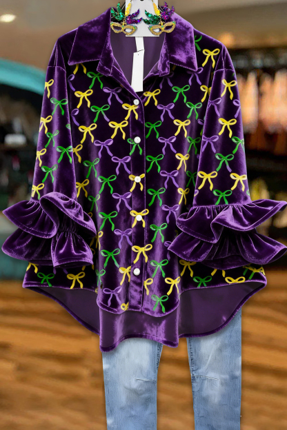 Mardi Gras Bow Ruffled Velvet Blouse