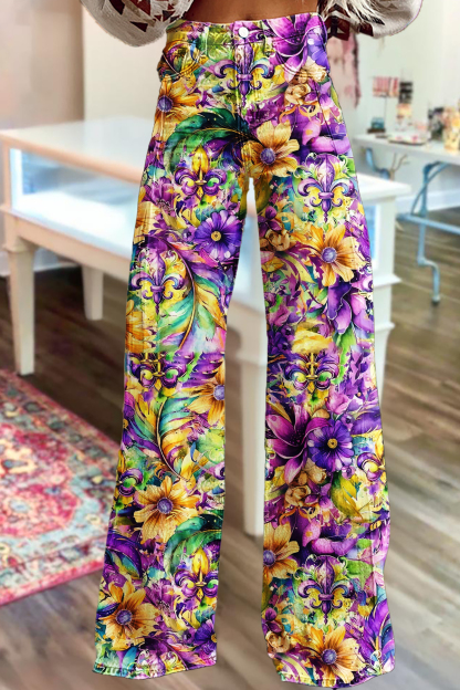 Mardi Gras Flowers Wide-Leg Pants