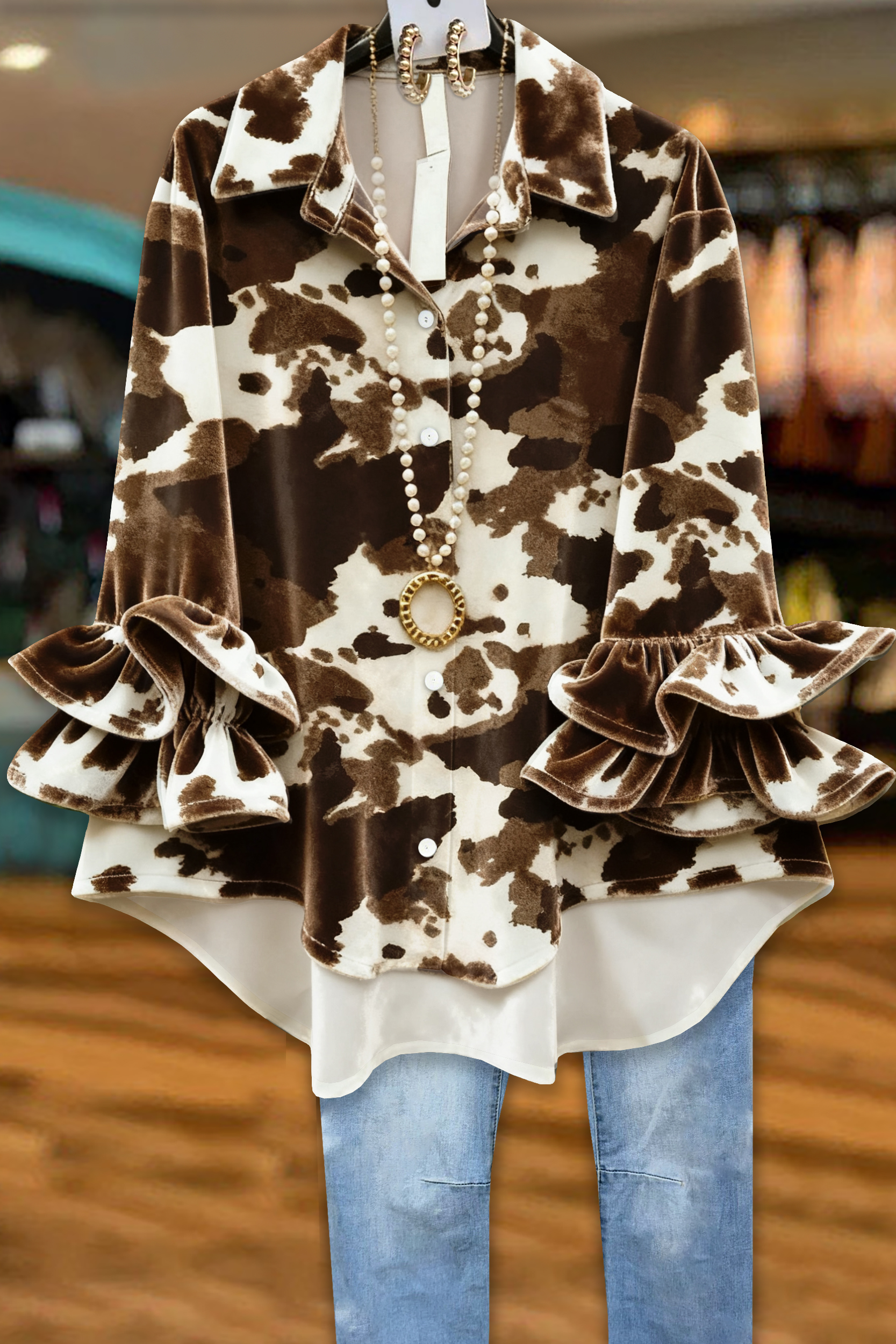 Classic Cow Print Ruffled Velvet Blouse