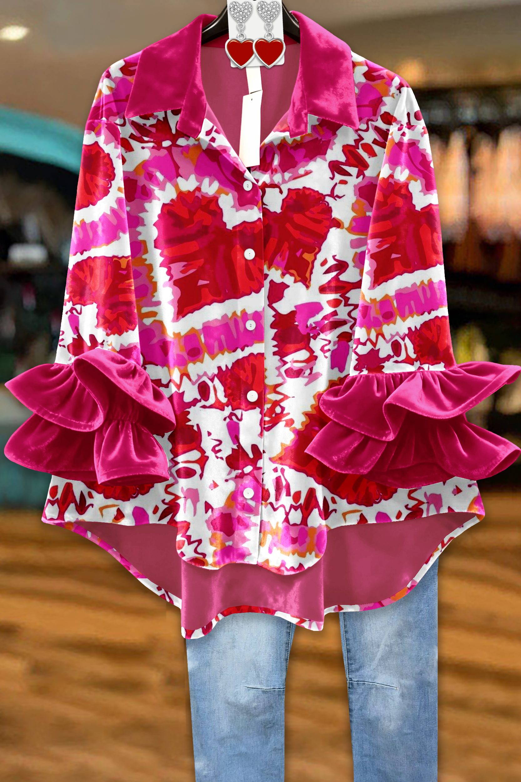 Valentine's Day Heart Ruffled Velvet Blouse