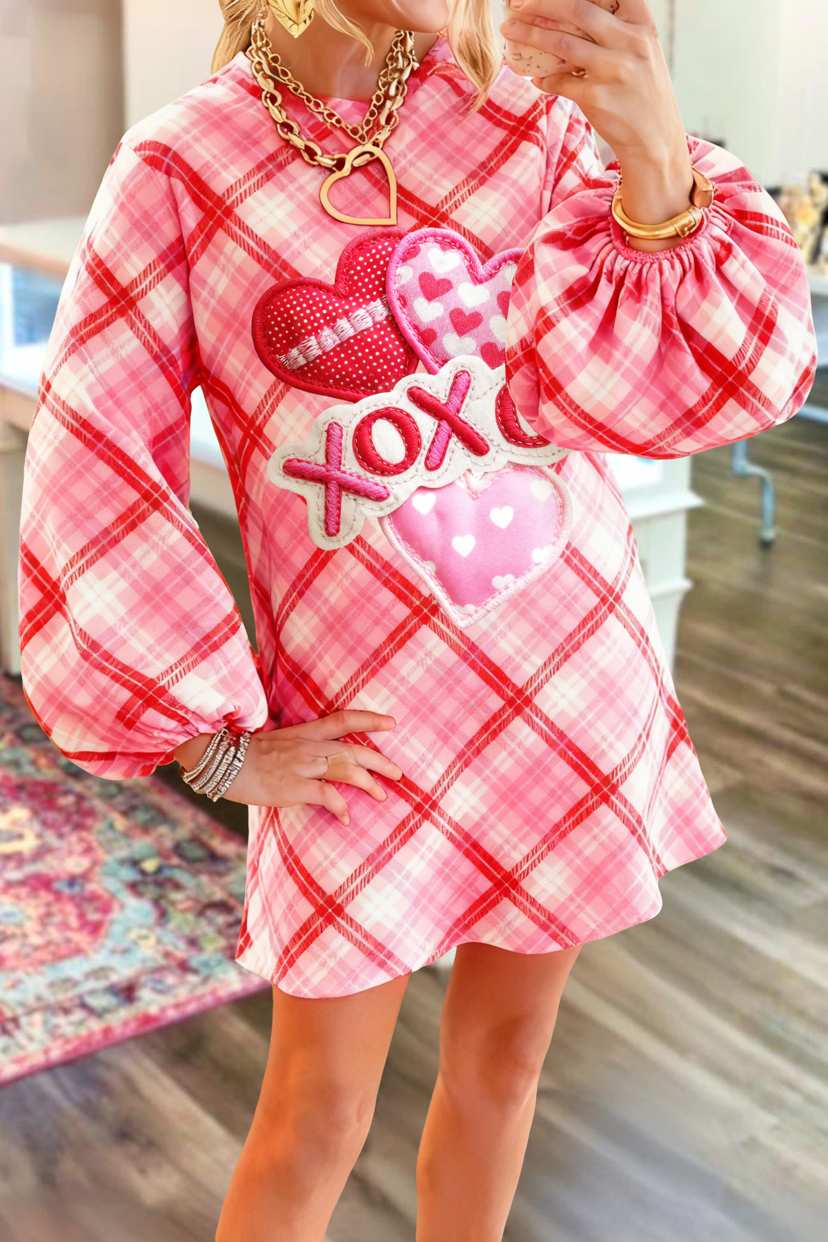 Valentine's Day Plaid Heart Sweatshirt Dress