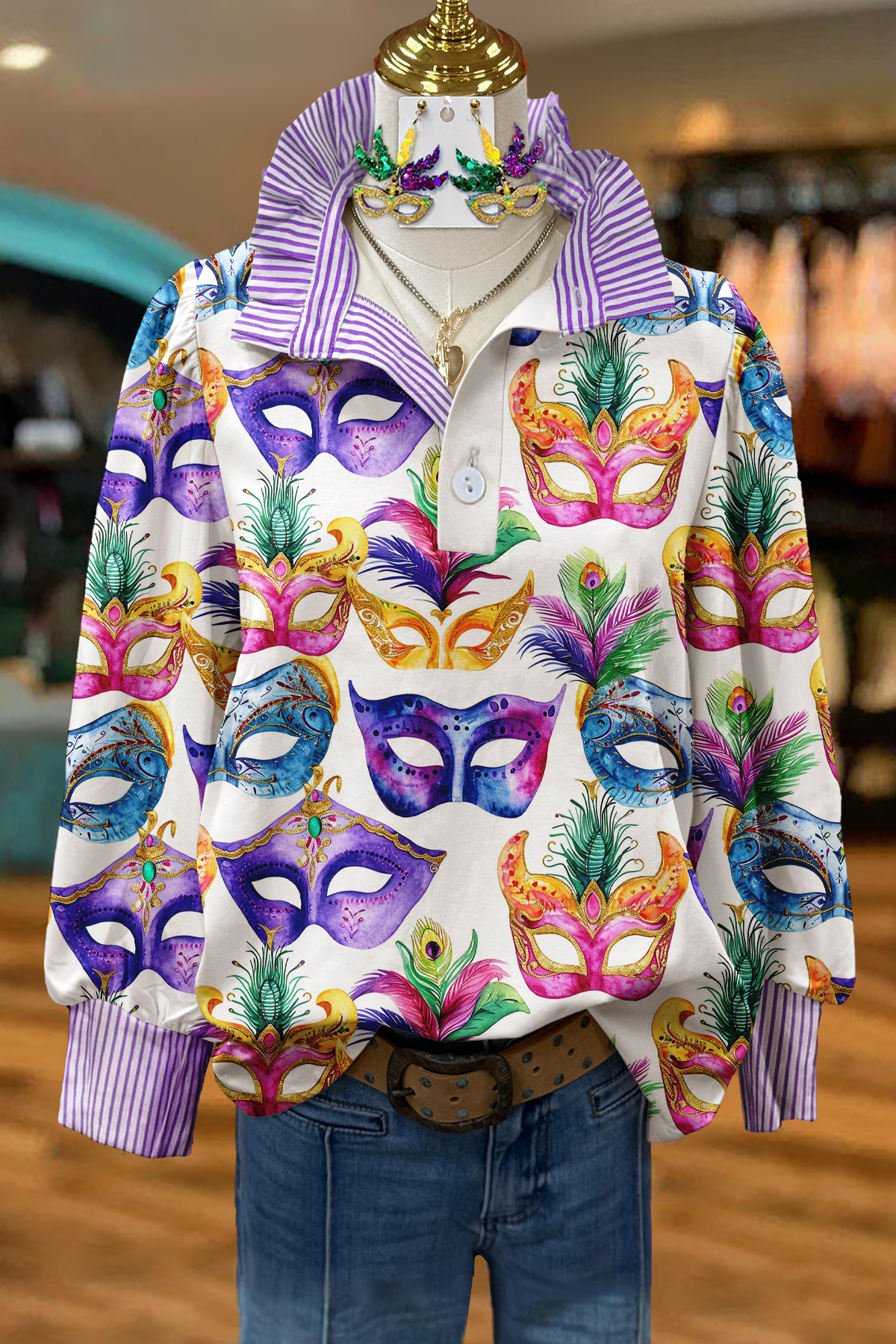 Mardi Gras Mask Striped Blouse