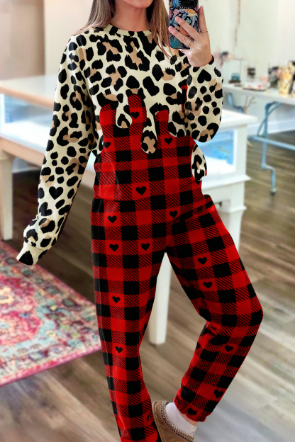 Classic Plaid Leopard Print Top And Pants Two-Piece Set