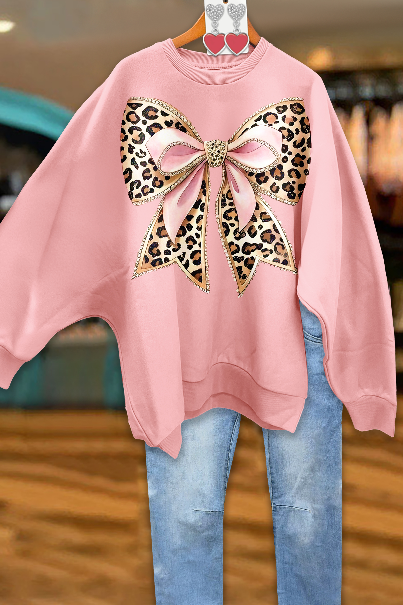Sweet Bow Leopard Print Loose Sweatshirt