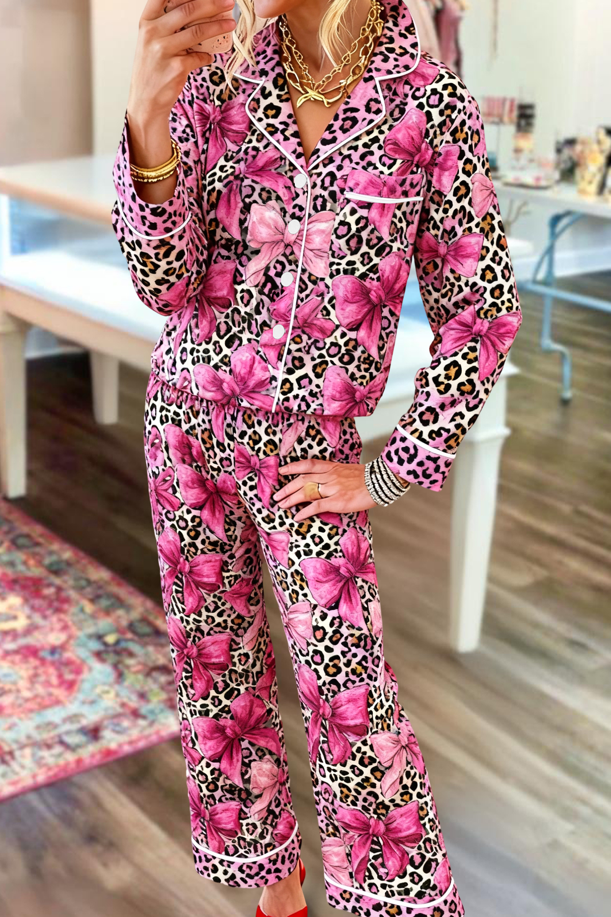 Leopard Print Bow Top And Pants Pajama Set