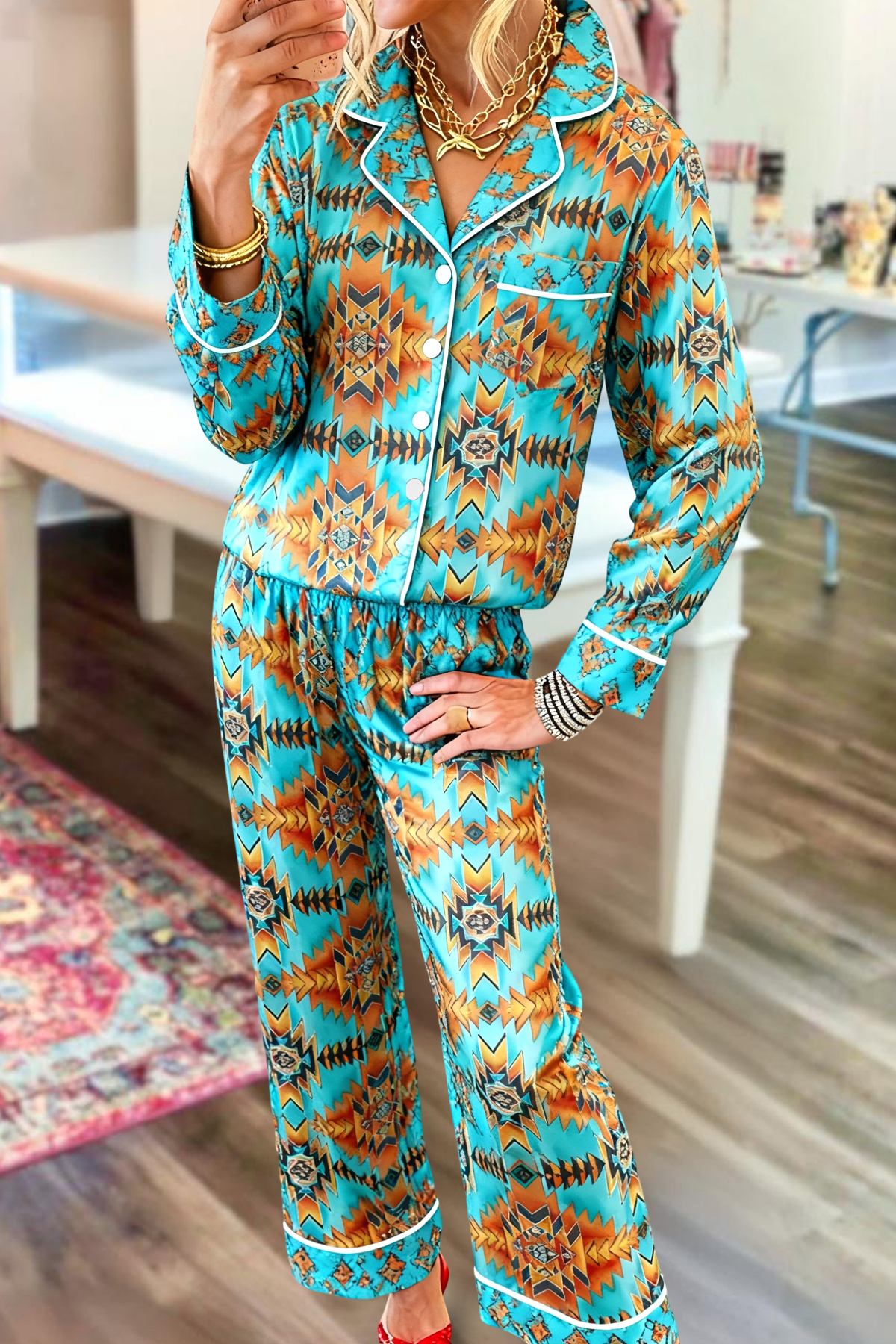 Western Aztec Top And Pants Pajama Set