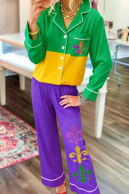 Mardi Gras Color Block Top And Pants Pajama Set