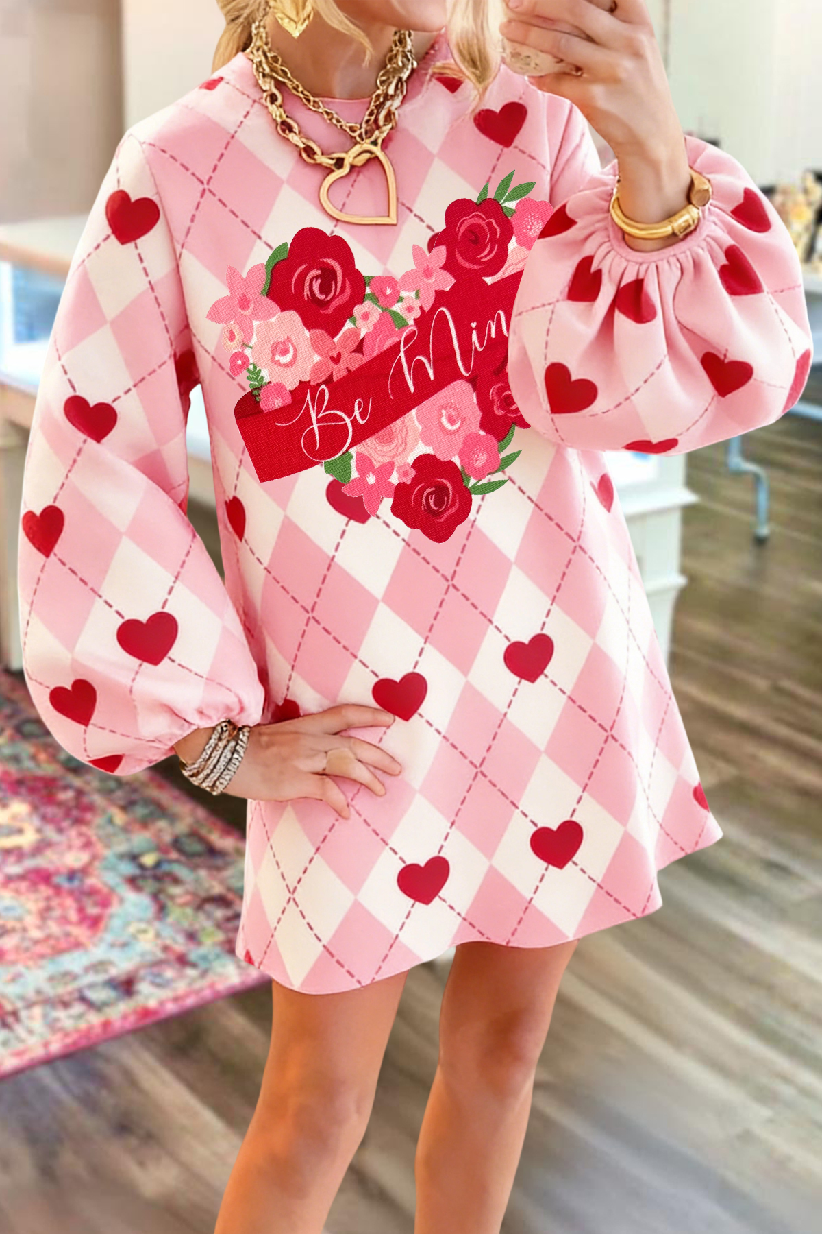 Valentine's Day Heart Argyle Sweatshirt Dress