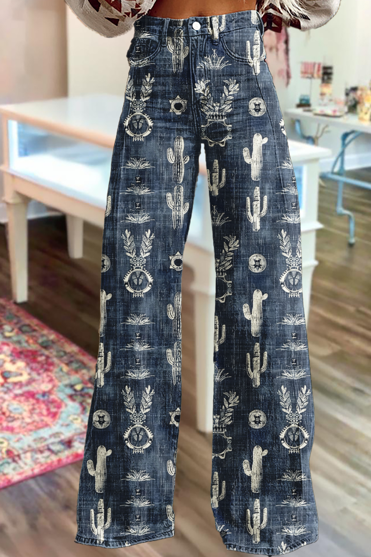 Western Cactus Print Wide-Leg Pants