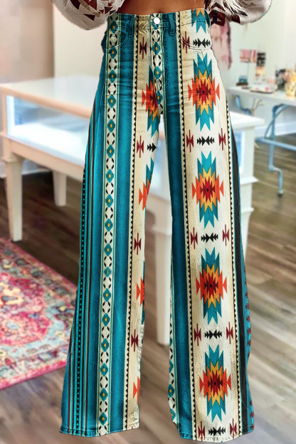 Western Aztec Print Wide-Leg Pants
