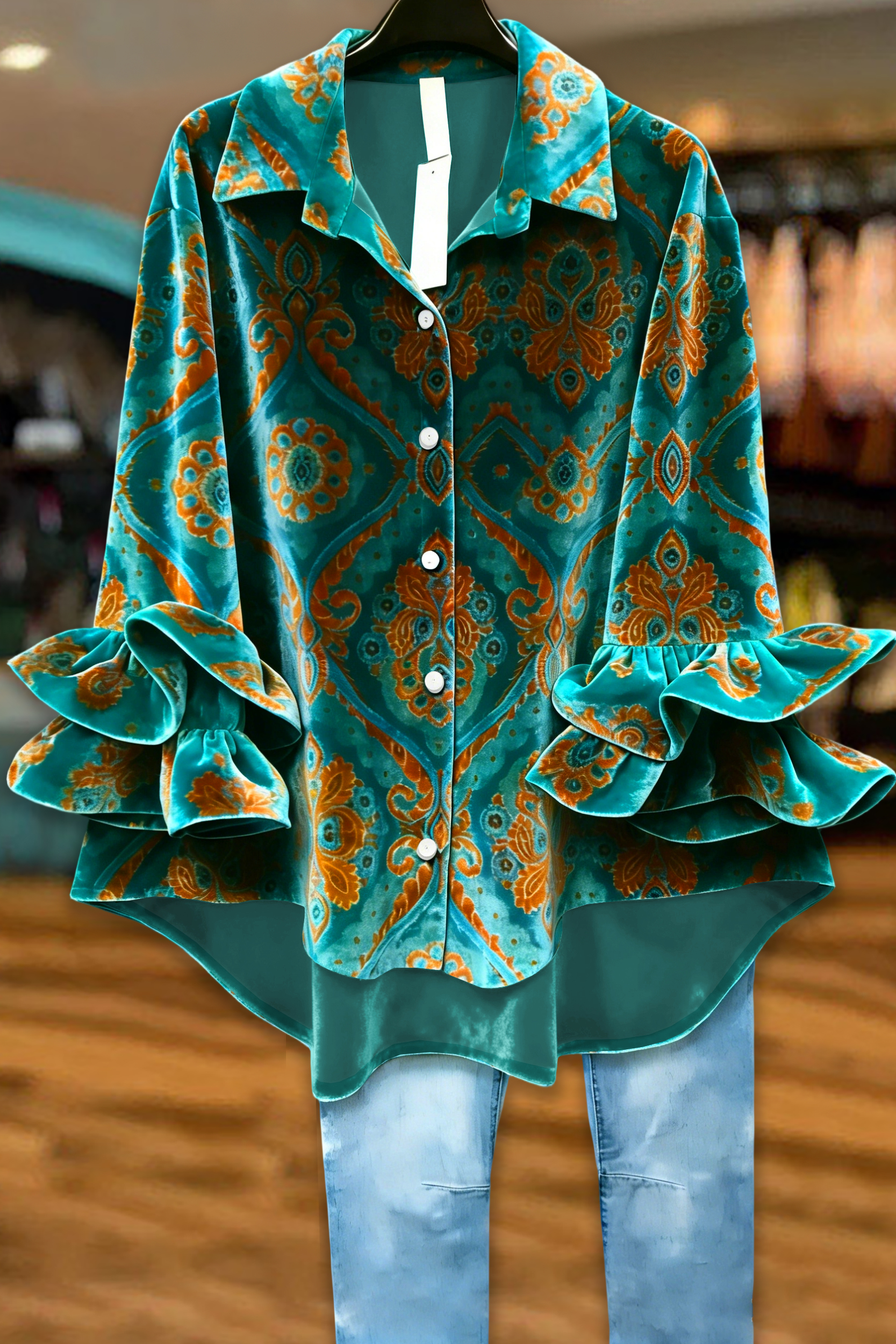 Vintage Print Ruffle Velvet Blouses