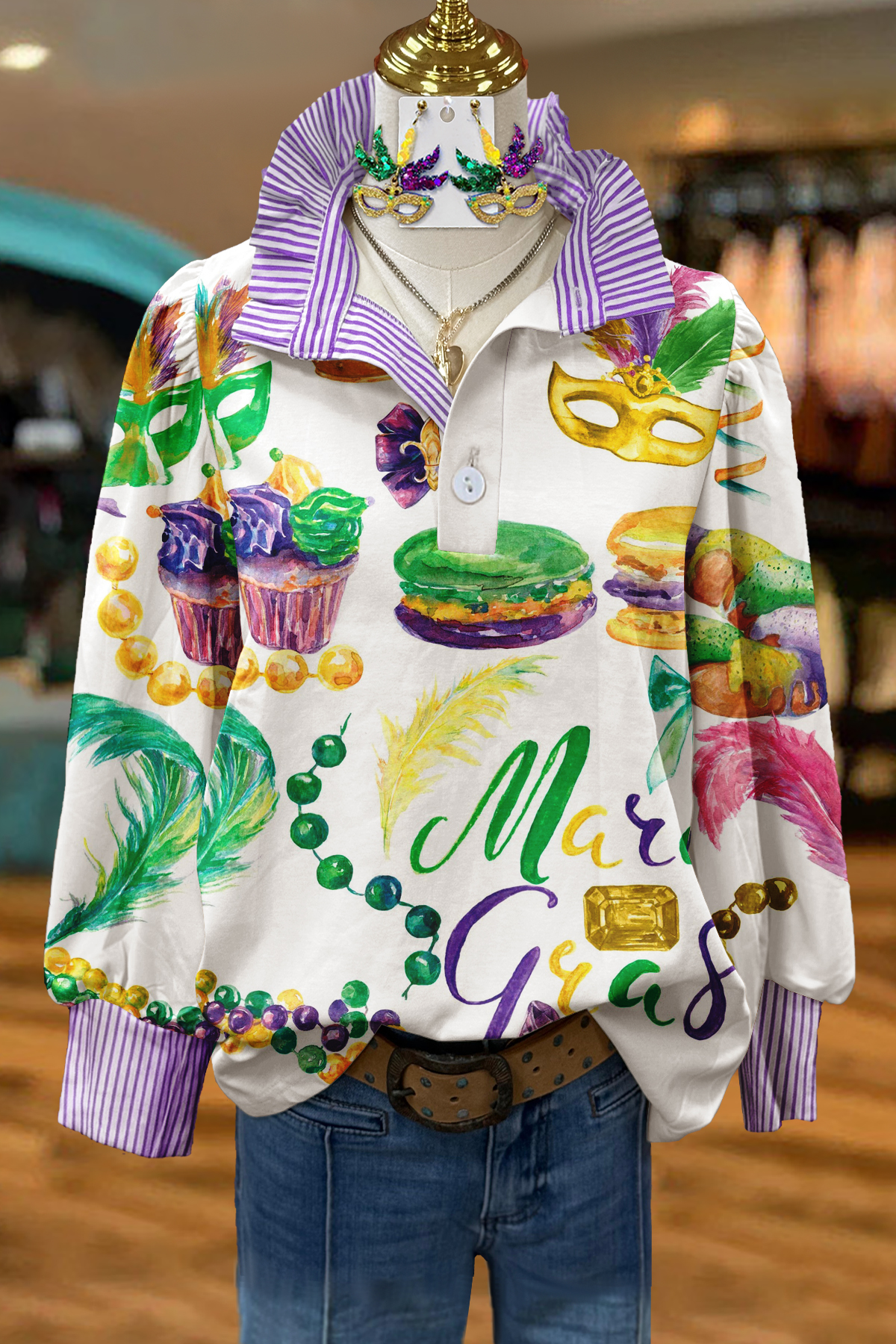 Mardi Gras Mask Striped Blouse