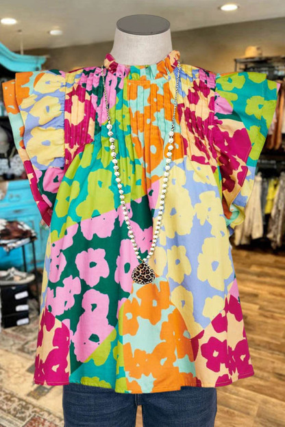 Multicolor Pleated Ruffle Sleeve Blouse