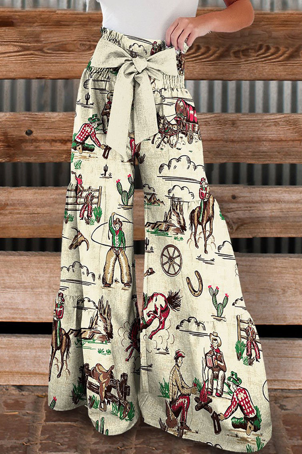 Women's pants | Vintage Wild West Cowboys Print Tiered Palazzo Pants |mywesternoutfit