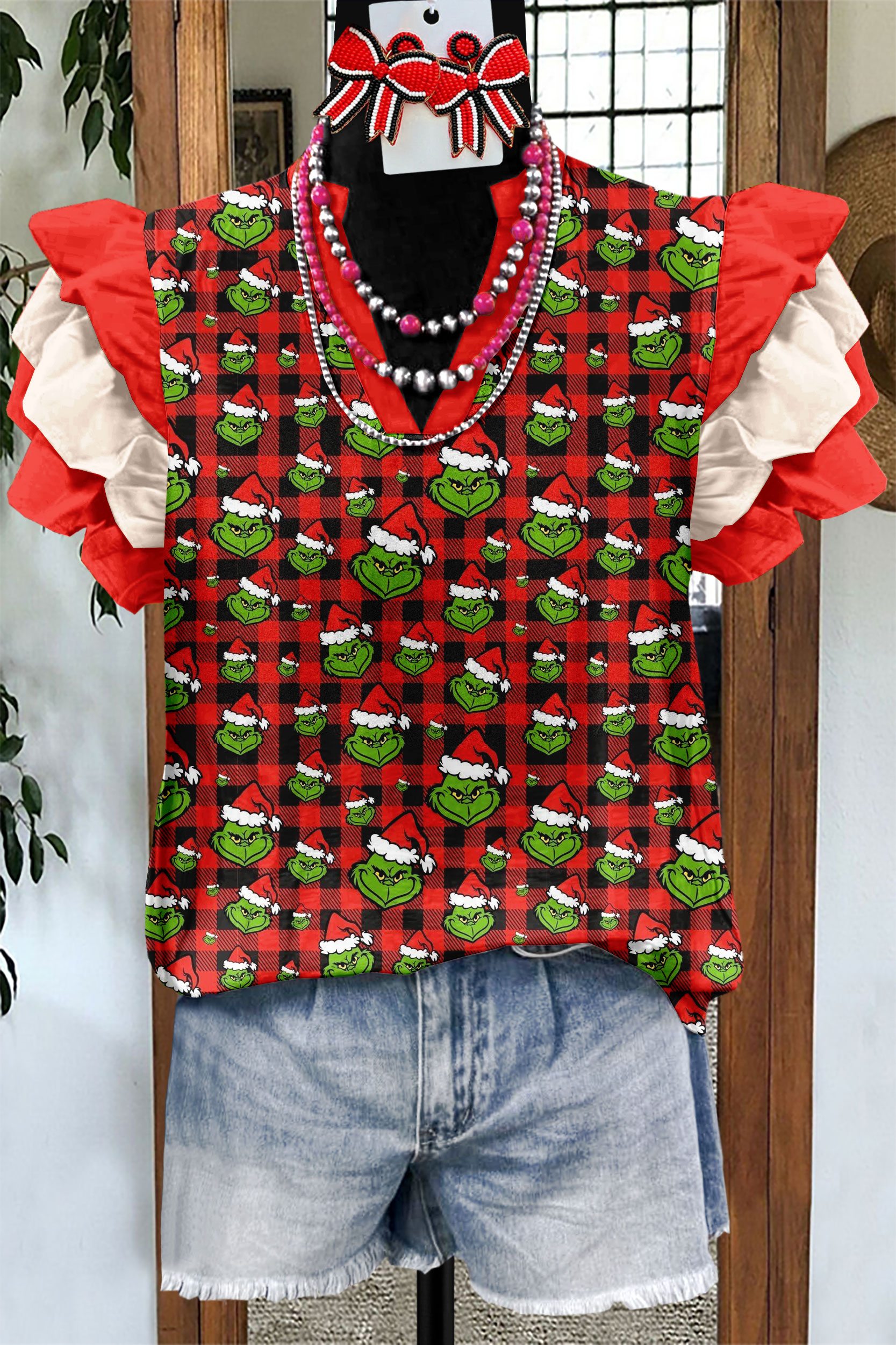 Christmas Grinch Plaid Print Flying Sleeve Top
